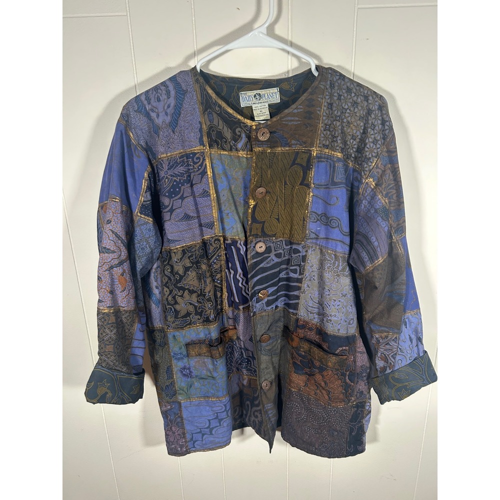 The Daily Planet VTG Batik Patchwork Med Jacket Gold Metallic Cotton Blue Purple